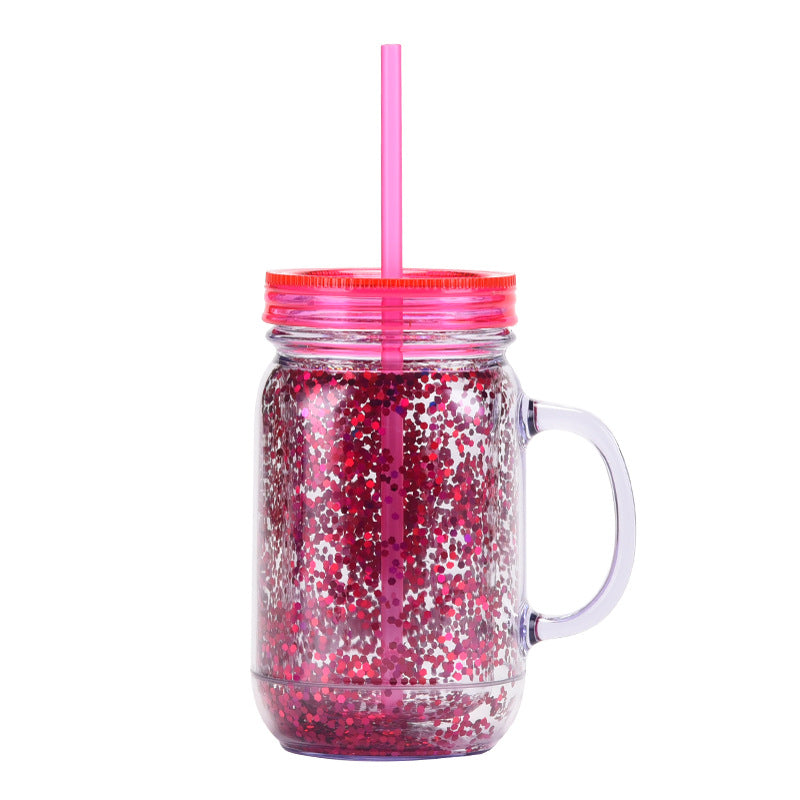 Wholesale Transparent Glitter Plastic Canned Cup with Handle Double Layer Plastic with Straw